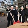 (F.l.t.r.): Dr. Tony Van Osselaer (Head of Industrial Operations at BMS), Patrick Thomas (CEO of BMS), Dr. Marijn Dekkers, Thomas de Win, and Daniel Meyer during the start of construction ceremony for the new multi-purpose production plant.